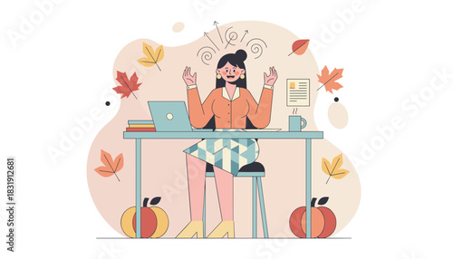 Energetic office worker managing autumn deadlines and projects Seasonal business concept illustration