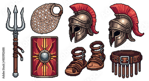 Ancient gladiator armor and weapons pixel art set with a helmet, shield, trident, net, and sandals, rendered in a detailed retro 8-bit style