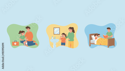Illustration of parents caring for children including first aid hygiene and bedtime reading