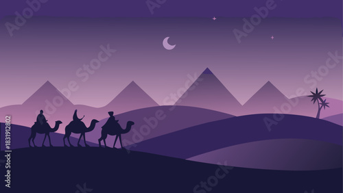 Three camels walking through desert at night time