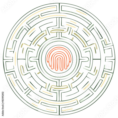 Complex Round Maze with Fingerprint Symbol in the Center Logic and Problem Solving Puzzle