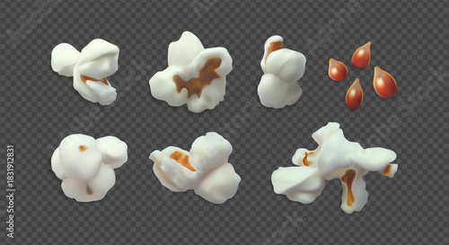 Realistic set of air-popped popcorn, various shapes, and kernels.