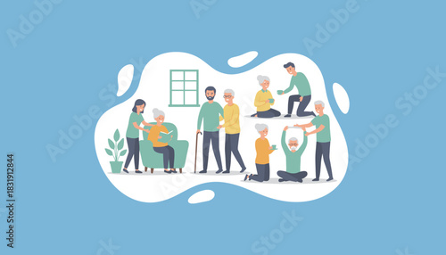 Elders receiving home care reading walking exercise and companionship