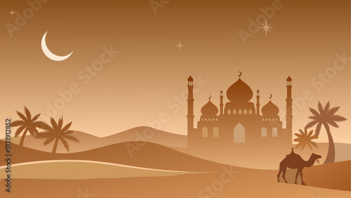 Desert landscape with mosque and camel silhouette