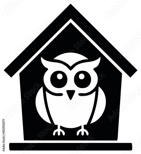 Stylized owl rests calmly in a black geometric birdhouse graphic illustration design in black and white