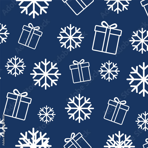 Seamless blue Christmas pattern with white outlined gift boxes and snowflakes, ideal for festive wrapping paper, winter backgrounds, holiday packaging, greeting cards and seasonal digital designs.