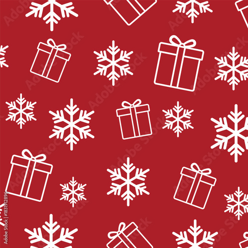Seamless red Christmas pattern with white outlined gift boxes and snowflakes, perfect for festive wrapping paper, holiday packaging, winter backgrounds, greeting cards and seasonal digital design proj