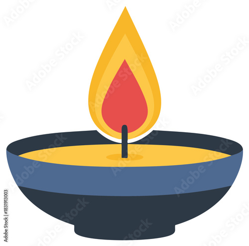 Burning diya lamp with vibrant flame for Diwali Hindu festival celebrations with light and color creating spiritual ambiance