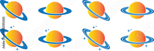 Planet and Saturn icons set, collection and group of space ringed planet symbols, astronomy galaxy elements, flat style, line style gradient vector illustration isolated on transparent background