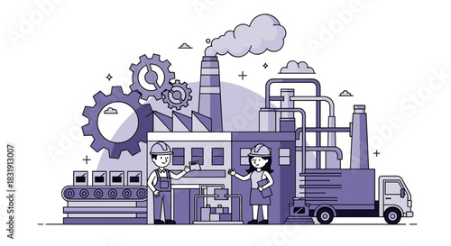 Engineers and workers oversee modern factory production and logistics Manufacturing industry