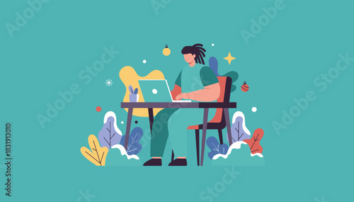 Remote worker using laptop at desk Freelance productivity and modern home office illustration