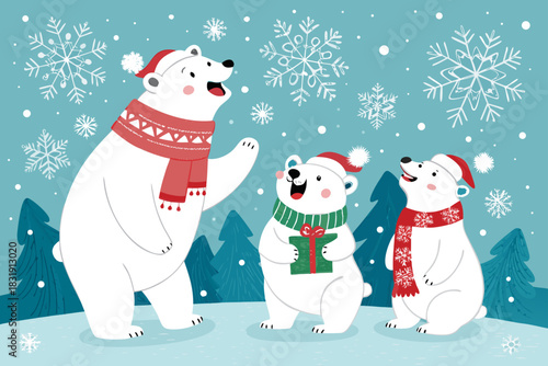 Elegant Polar Bears Celebrating Christmas Snowfla Professional Photo
