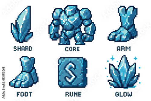 Pixel art icon set of a fantasy ice golem character parts including a shard, core, arm, foot, rune, and glowing crystal for a retro video game, isolated on white