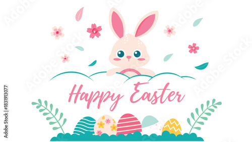 Cute cartoon easter bunny peeking over pastel colored hills with happy easter text and decorated eggs below surrounded by flowers and leaves