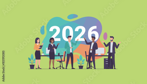 Business team points to 2026 Future planning goals and corporate strategy illustration