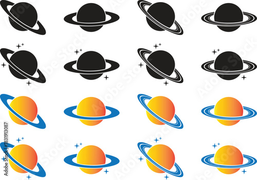 Planet and Saturn icons set, collection and group of space ringed planet symbols, astronomy galaxy elements, flat style, line style gradient vector illustration isolated on transparent background