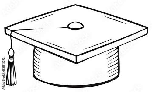 Black and white line art drawing of an academic graduation cap or mortarboard with a tassel