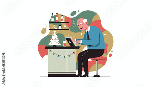 Senior man stressed working on laptop at Christmas Holiday work burnout concept