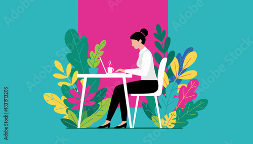 Professional woman working on laptop surrounded by colorful plants Remote work flat design