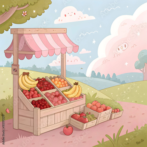 A pastel anime-style fruit stand filled with cute displays, soft colors