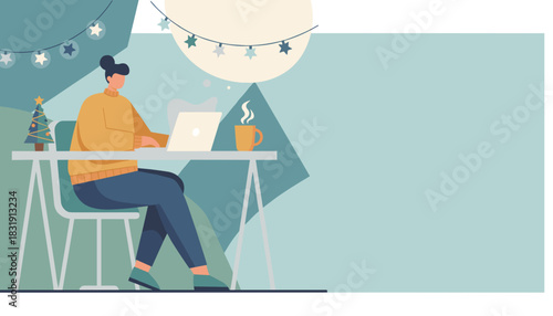 Cozy home office during holidays Woman working on laptop with Christmas tree