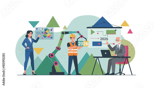 Collaborative team plans 2026 business strategy utilizing automation data analysis and advanced technology