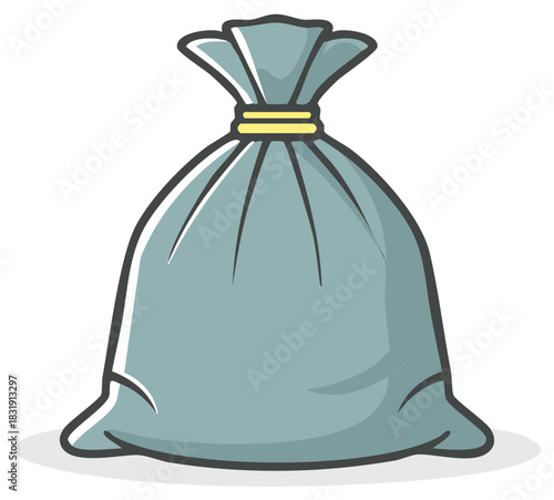 Cartoon gray drawstring bag tied shut with a yellow band