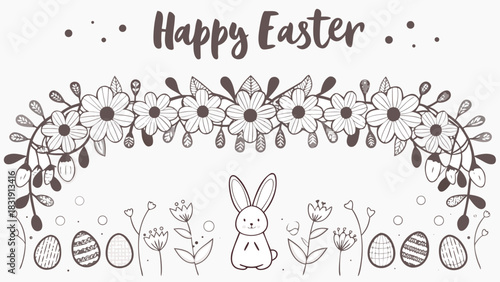 Happy easter greeting with a cute bunny surrounded by decorative flowers leaves and patterned eggs on a light background perfect for spring celebrations