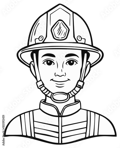 Person wearing a firefighter helmet and uniform line art illustration