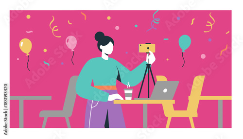 Woman influencer recording a celebratory video blog on her smartphone for social media content creation