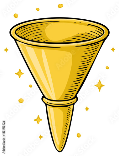 Golden funnel with sparkling stars and dots, conceptual symbol for filtering, processing, or success