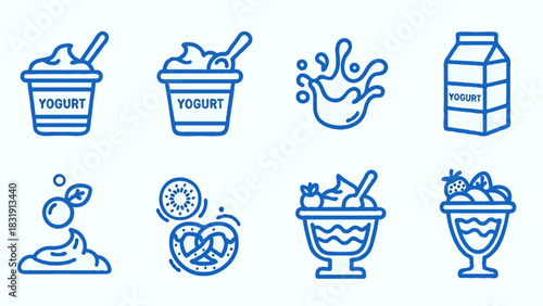 A set of illustrations showcasing various dairy desserts and ingredients from a straightforward viewpoint.