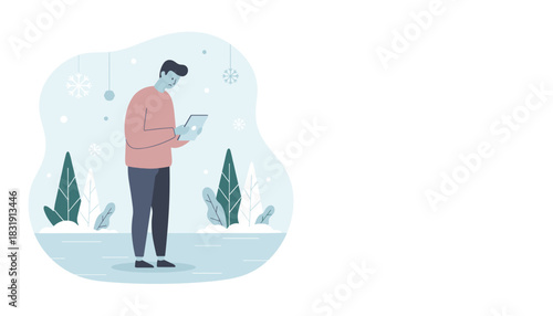 Worried man checks a tablet in a cold snowy landscape Sadness communication or seasonal depression