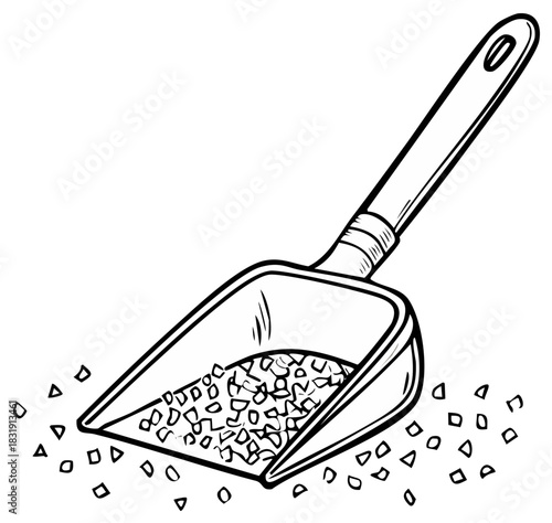 Detailed line art illustration of a utility scoop holding and spilling granular material.