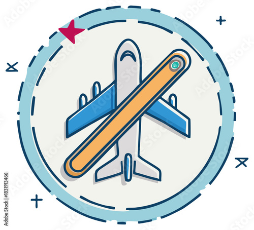 Airplane symbol with a prohibition sign over it symbolizing travel restrictions