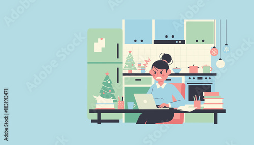 Angry woman working hard on a laptop in her kitchen during the stressful Christmas holidays