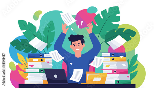 Overwhelmed office worker drowning in files stress and bureaucracy Deadline panic