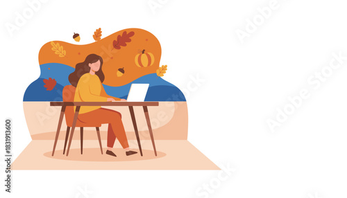 Remote worker using laptop in a cozy autumnthemed workspace Freelance and seasonal productivity