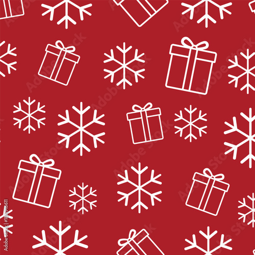 Seamless red Christmas pattern with white outlined gift boxes and snowflakes, perfect for festive wrapping paper, holiday packaging, winter backgrounds, greeting cards and seasonal digital design proj