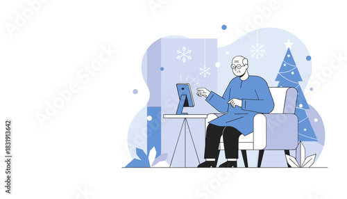 Senior man using a digital device near a Christmas tree during the winter holidays