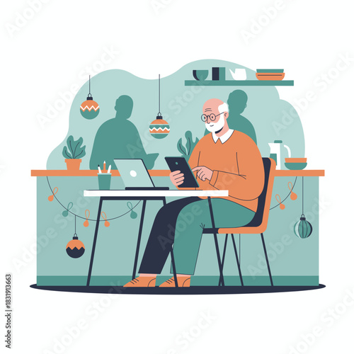 Senior man using tablet and laptop in a modern cafe Technology for seniors and remote work concept