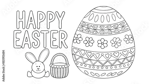 Happy easter greeting with a decorative egg a cute bunny and an empty basket perfect for coloring and springtime celebrations