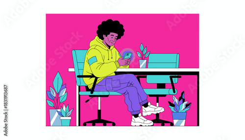 Stylish young man uses a smartphone at a colorful desk focusing on digital communication