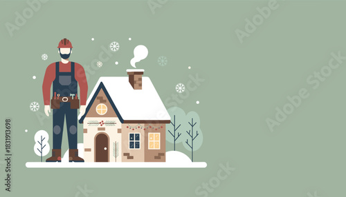 Builder next to a cozy snowy house Winter home repair maintenance and construction services