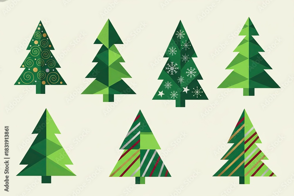 Obraz premium Geometric green Christmas Tree Illustrations. Set of Abstract Christmas Tree Illustrations. Geometric Christmas Trees with Decorative Patterns.