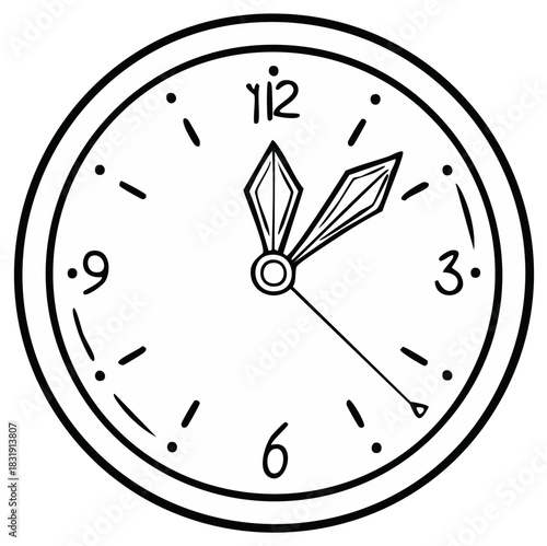 Hand drawn clock face showing nearly twelve oclock time with stylized hands