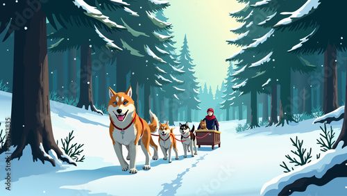 Anime Huskies Sledding in Snowy Forest Vector Background