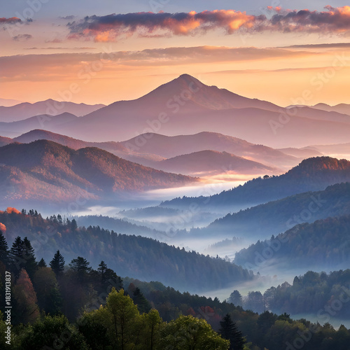 An ultra-HD peaceful mountain landscape at sunrise, featuring warm glowing light.