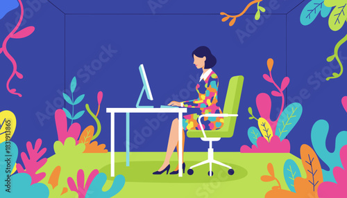 Woman works efficiently at her desk embracing colorful nature and creativity in the office