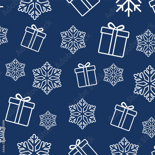 Seamless blue Christmas pattern with white outlined gift boxes and snowflakes, ideal for festive wrapping paper, winter backgrounds, holiday packaging, greeting cards and seasonal digital designs.